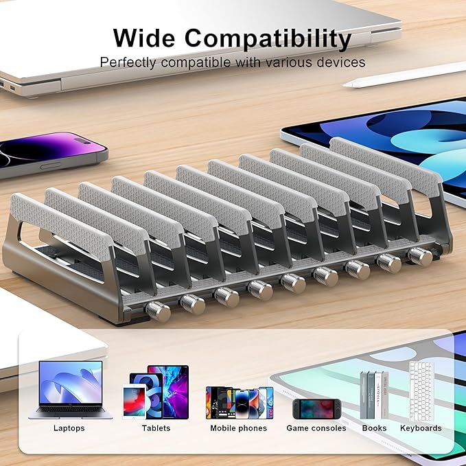 Elestoria 10-Slot Vertical Laptop Stand & Holder – Adjustable Aluminum Laptop Stand Vertical for Desk Fits 10 Devices, MacBook & Gaming Laptops (Up to 17.3”) – Space Saving Laptop Storage Rack - Grey
