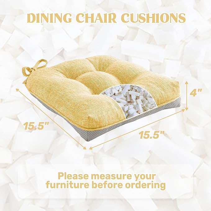 puredown® Chair Cushions for Dining Chairs, Tufted Memory Foam Chair Pads with Non-Slip Backing, Kitchen Seat Cushions with Ties, Washable Pads Set of 4, 15.5" x 15.5" x 4", Yellow