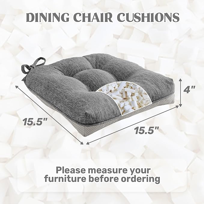 puredown® Chair Cushions for Dining Chairs, Tufted Memory Foam Chair Pads with Non-Slip Backing, Kitchen Seat Cushions with Ties, Washable Seat Pad Set of 4, 15.5" x 15.5" x 4", Dark Grey
