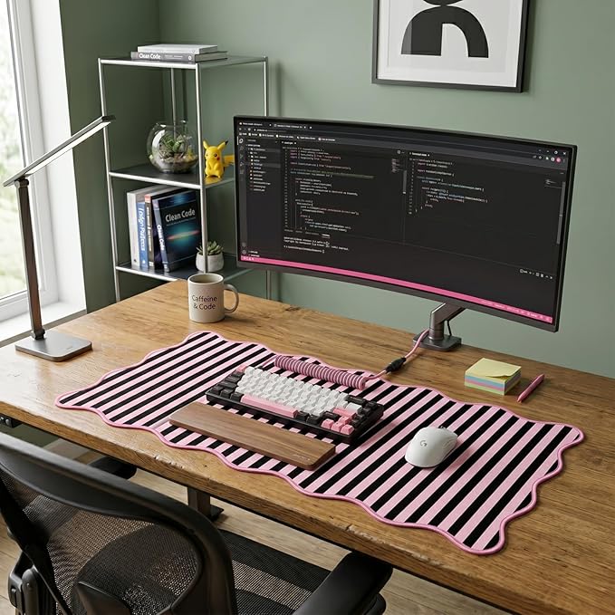 Scalloped Desk Mat Extended Large Cute Striped Mouse Pad Big Desk Pad XXL Aesthetic Stripe Mousepad Gaming Mouse Pad for Keyboard Computer Laptop Home Office Accessories 31.5X15.7Inches Black Pink