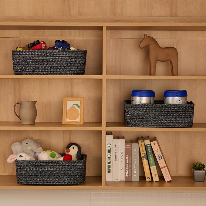MiniArk Large Shallow Organizing Baskets 15x11x5.1 Inches - Rope Woven Storage Bins for Bathroom, Shelves, Cube Closet, Mixed Black 4 Packs