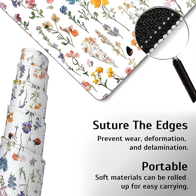 Wild Flower Mouse Pad,35.4 x 15.7 Inch Large Mouse Mat Non-Slip Rubber Stitched Edges for Writing Desk,Office,Home,Laptop