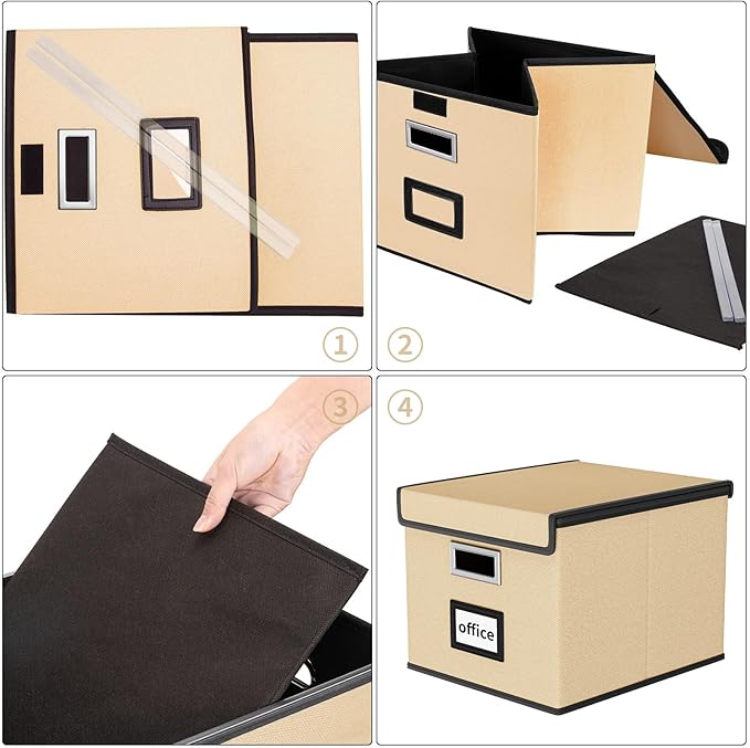 File Organizer Box with Lid, Collapsible File Folder Organizer for Office Document Storage, Filing Box with Plastic Slide for Letter Size Hanging File Folders(1 Pack, Brown)