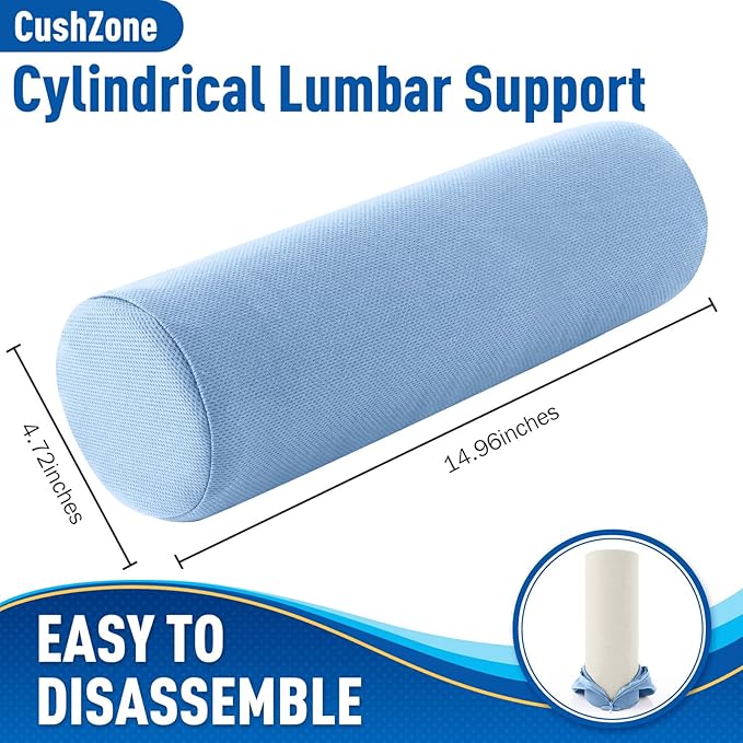 Lumbar Roll Support Pillow for Office Chair, Car, Gaming Chair, Memory Foam Back Cushion with Washable Cover for Relieving Back Pain & Improving Posture, Large,Light Blue