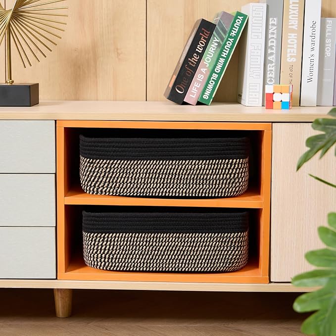 MiniArk Large Shallow Organizing Baskets 15x11x5.1 Inches - Rope Woven Storage Bins for Bathroom, Shelves, Cube Closet, Black Woven Brown 4 Packs