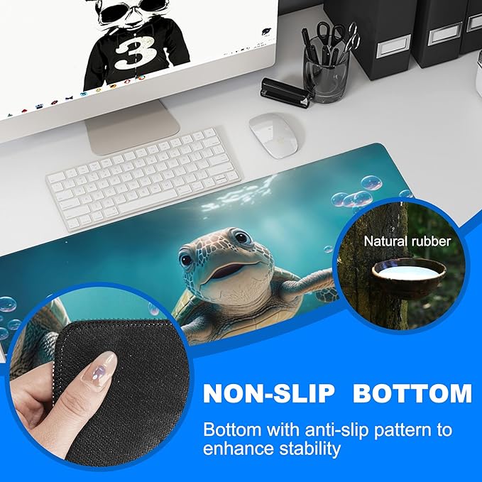 Desk Mat, Cute Turtle Smiling Under The Sea Extended Gaming Mouse Pad Large, 31.5"x11.8" Big Mouse Pad with Non-Slip Base and Stitched Edge, Long Computer Keyboard Mouse Mat for Home Office Work