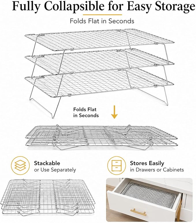 Cooling Rack, 3 Tier Stackable Cooling Racks for Cooking Baking Roasting, Multi-Level Collapsible Cookie Rack for Cakes, Oven Safe & Easy Clean (Silver, 3-Tier)