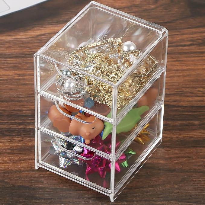 Small Desk Organizer with Drawer, 3-Layer Clear Desktop Organization Mini Storage Box with Drawers for Desk, Office Supplies, Jewelry Storage Box, Pack of 1