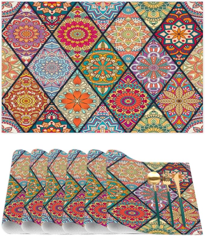 Placemats Set of 4 Heat-Resistant Rectangle Place Mats Bohemian Mexico Boho Washable Plastic PVC Dining Table Mat Non-Slip Wipeable Woven Vinyl Placemat for Kitchen Patio Table Decor