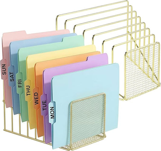 2 pcs Incline File Sorter, 7 Slot Magazine Holder for Letter, Document, Folder and Book, Metal Desktop Organizer Rack for Home, School and Office (2-gold)