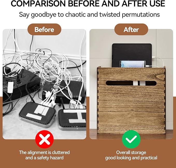KIRIGEN WiFi Router Storage Box, Wooden Cable Management Box with 3-Tier Shelf, Modem and Power Strip Organizer for Desk, TV Stand, Home Office, Living Room, Brown LYQ-DBR