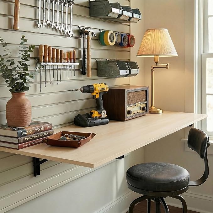 GOYLSER Wall Mounted Folding Kitchen Table Desk for Small Spaces Saving, Natural Wood Fold Down Laundry Wall Table, Wall Folding Portable Workbench Worktable, 47" x 20.5"