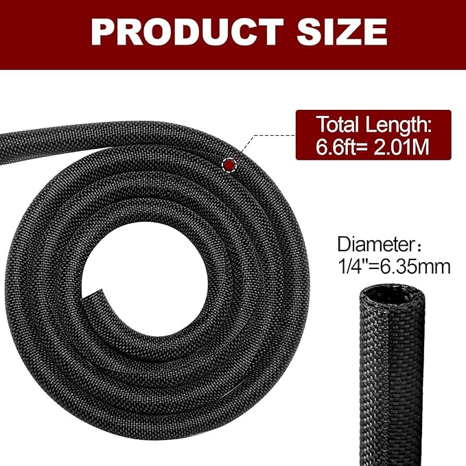Automotive Wire Loom High Temperature Braided Wire Loom, Split-Sleeve Heat Resistant Wiring Loom Cord Cover for Harness Wires, Self-Wrapping Heavy Duty Sheathing Cable Management Black（6.6ft-1/8inch）