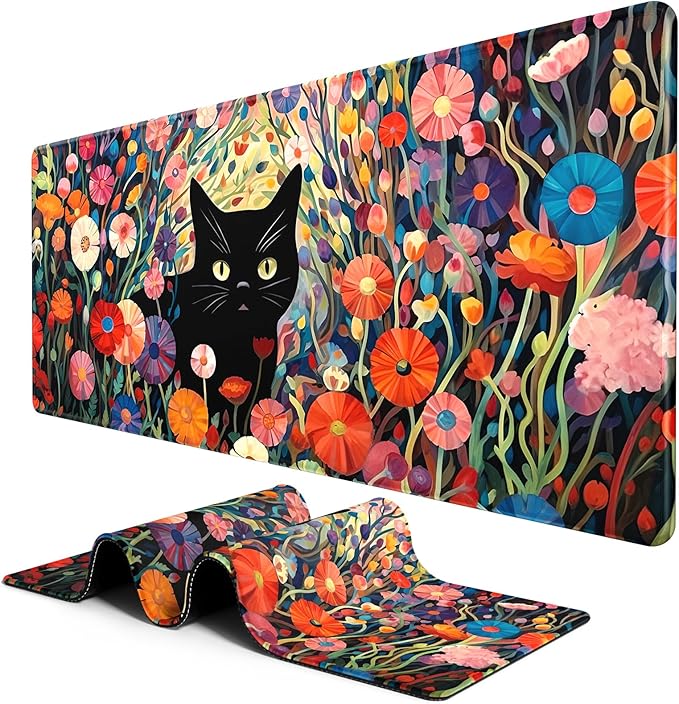 BOSOBO Extra Large Mouse Pad for Gaming and Office, XXL XL Desktop Full Cover Mat, 31.5 x 11.8 Inches, Pink Orange Flowers and Cat