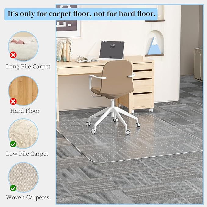 Tonaus Office Chair Mat for Carpet, 48"×60" Transparent Carpet Floor Protector Cover Rug Mat with Non-Slip Studded, 2.2mm Thick Heavy Duty for Home Computer Desk Rolling Chair Carpets Low Pile