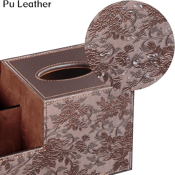 Square Tissue Box Cover with Storage, PU Leather Cube Tissue Box Holder, Remote Control Nightstand Organizer, Modern Desk Caddy for End Table, Bathroom, Bedroom, Home, Office Decor