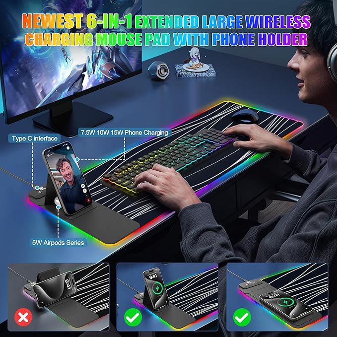 RGB Mouse Pad with Foldable Phone Stand Wireless Charger, 31.5"x11.8" XL Gaming Mousepad Large Desk Mat, Desk Pad with 11 Colors 5 Modes, Waterproof (Wave Print)