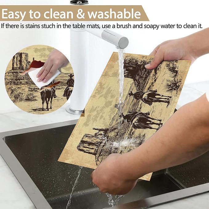 Vintage Western Cowboy Table Placemats Set of 6, Linen Placemats 12x18 Inch, Washable Non Slip Heat Resistant Mats for Dining Table Kitchen Indoor Use