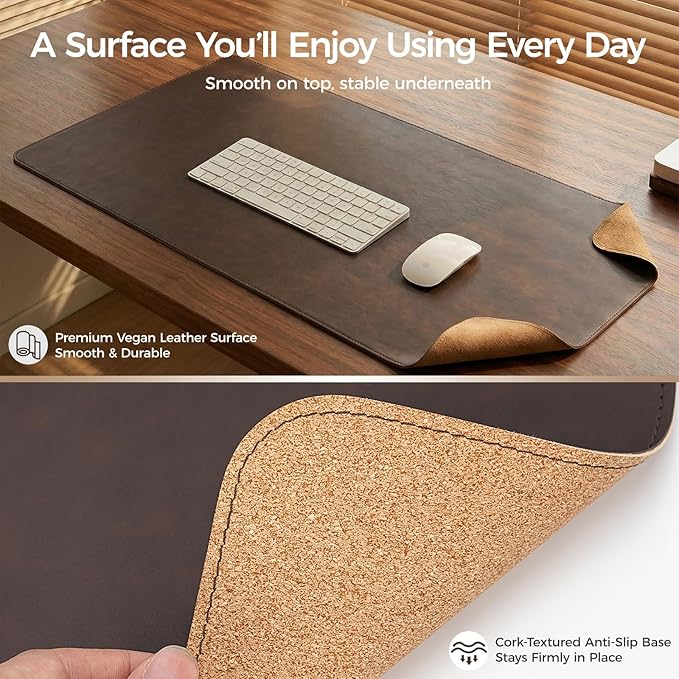 Premium Faux Leather Desk Mat & Tray Set，Innovative Cork-Look Printed Base，Gift Tube Packaging，Full-Desk Coverage，Non-Slip Desk Pad for Office Home（Espresso Brown）