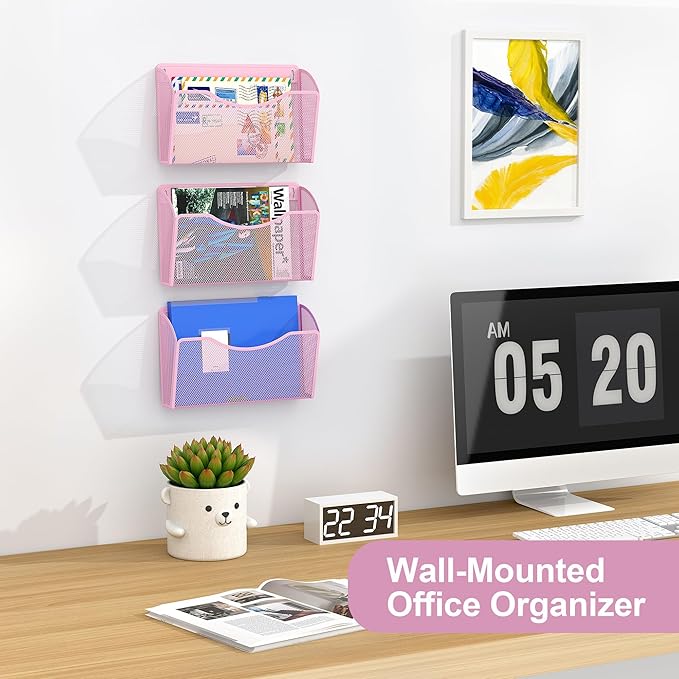 EasyPAG 3 Pack Wall File Organizer, Metal Mesh Hanging File Folder Holder for Letter/A4 Size Folders, Vertical Wall Mount Mail Sorter for Office Paperwork, Classroom, Pink