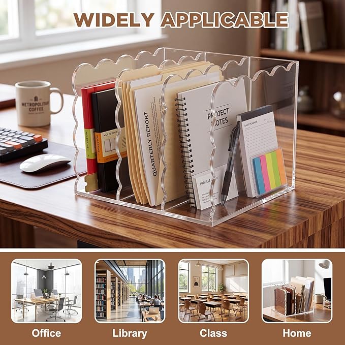 Suzile Scalloped Acrylic Magazine File Holder, 3-Compartment 4mm Thick, Clear Desk Organizer Vertical Bookends Organization for Office, Binders, Documents, Tablets, Magazines, Books
