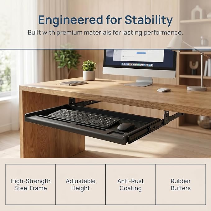 jojofuny Under Desk Keyboard Tray with Pen Organizer, Screw-Mounted Slide-Out Organizer Drawer, Space-Saving Under Desk Shelf for Mouse, Pens & Office Supplies