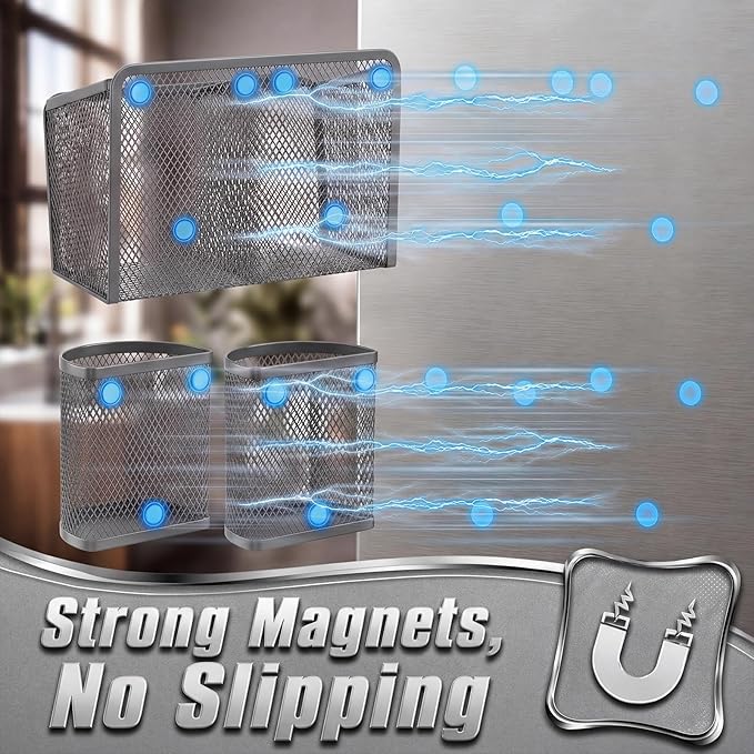 Marspark 3 Pcs Magnetic Pen Holder Set Metal Pencil Holder with Strong Magnets Wire Mesh Storage Basket Organizer for Locker Accessories Whiteboard Refrigerator School Office Dorm(Grey)