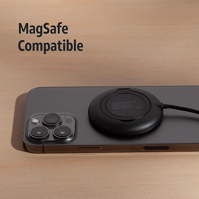 AT&T Magnetic Wireless Charging Pad with Built-in Ring Stand – 15W Fast Charging, USB-C PD Input, Case-Friendly Magnetic Design – Ideal for Desk, Travel, and Nightstand Use – Black
