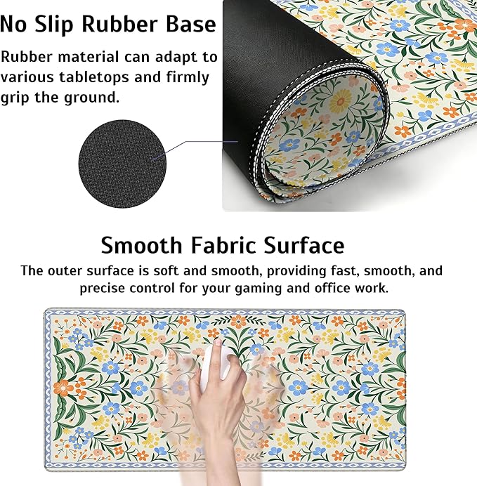 Large Gaming Mouse Pad Green Floral Desk Mat,Non-Slip Rubber Base Stitched Edges,Extended Mousepad for PC,Laptop,Office,Home Decor(31.5 x 11.8 Inch)