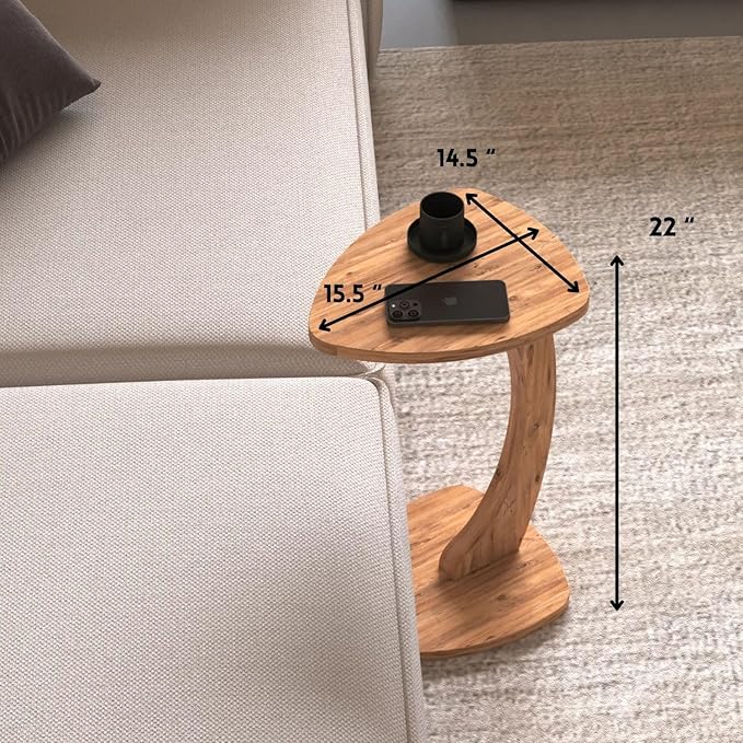 C Shaped Triangular Top Design Table for Couch Small Places, Space Saver Sheild Shape Side Table for Sofa and Bedside with Wheels, Coffee and Eating Snack Time Tray for Living Room, Office (Natural)