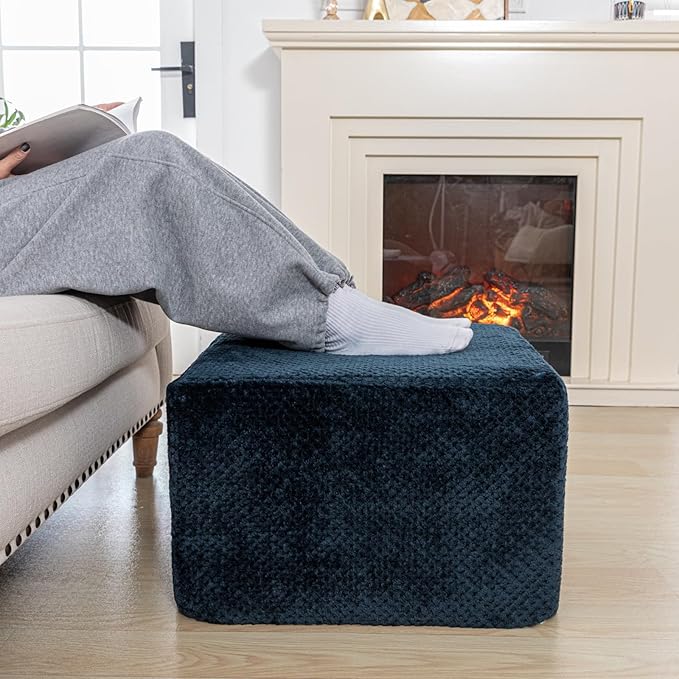Furry Square Pouf Ottoman – 20"x14" One-Piece Seamless Integral Foam Foot Stool Ottoman Foot Rest Living Room Bedroom Under Desk (Navy Blue)