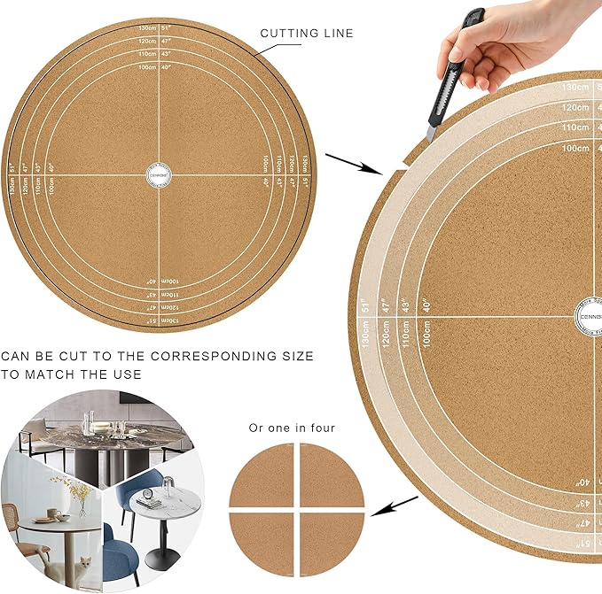 CENNBIE 54/51/47/43/40 Inches Round Table Mat - Cork Leather Table Pad - Suitable as Side Dining Coffee Table Cover Protector - Can Be Cut to Fit (Black)