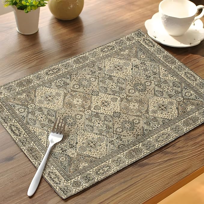 Boho Floral Grey Placemats Set of 4,Vintage Elegant Farmhouse Table Center Linen Decor,12x18 Inch Country Rustic Farmhouse Magical Fall Table Mats for Party Kitchen Dining Decoration