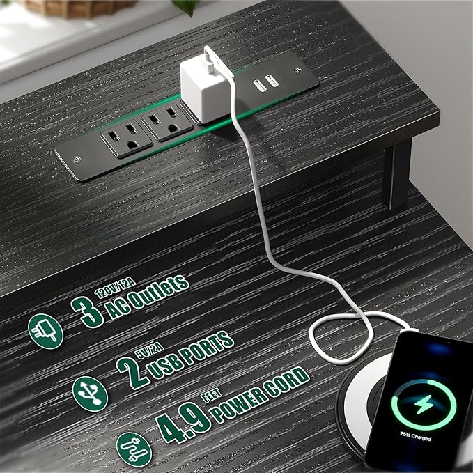 Korfile 47 Inch Gaming Desk with Power Outlets and LED Lights, Reversible Computer Desk with 5 Fabric Storage Drawers, Home Office Desk with Monitor Stand for Working Writing Study, Black