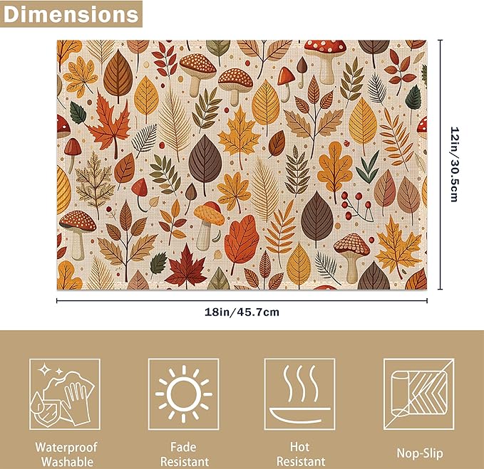 Halloween Autumn Tropical Leaves Linen Placemats Set of 6, Decorative Table Mats 12x18 Inch, Washable Heat Resistant Placemats for Dining Table Kitchen Home Decor