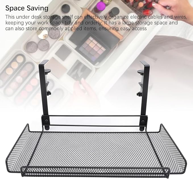 Under Desk Wire Organizer, Cable Management Tray Metal, Large Storage Tray Clamp Mount for Office Home, No Drill Cable Raceway (Black)
