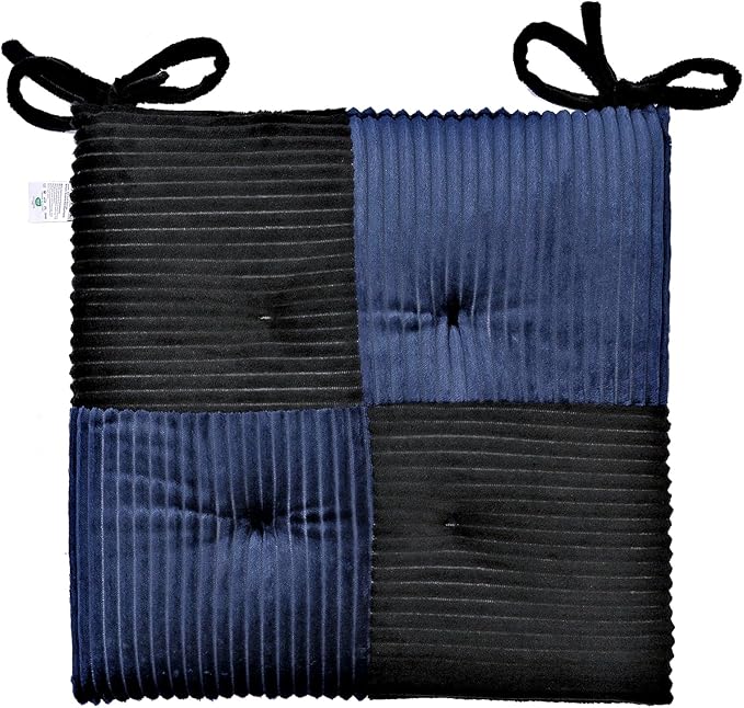 Office Stacking Chair Cushion with Ties, Corduroy High Density Foam Non-Slip Kitchen Seat Cushion, Square 17" x 17" Indoor Dining Chair Pads, Black+ Navy, 1 PCS