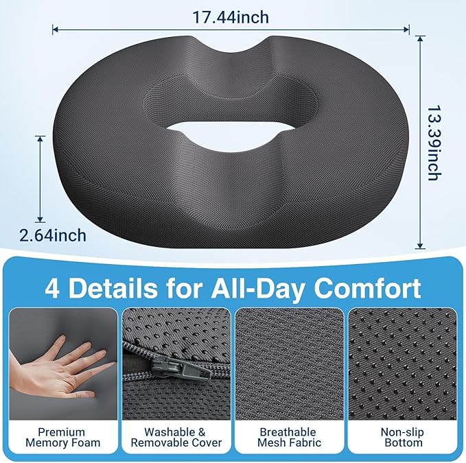 CushZone Donut Pillow for Postpartum Pregnancy - Large Ergonomic Chair Seat Cushions, Office Chair Cushion, Breathable Hemorrhoid Pillow, Lifting Chair Pads for Sitting, After Surgery(Grey)