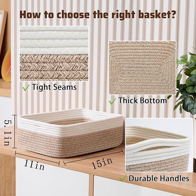 MiniArk Large Shallow Organizing Baskets 15x11x5.1 Inches - Rope Woven Storage Bins for Bathroom, Shelves, Cube Closet, White Mixed Brown 3 Packs
