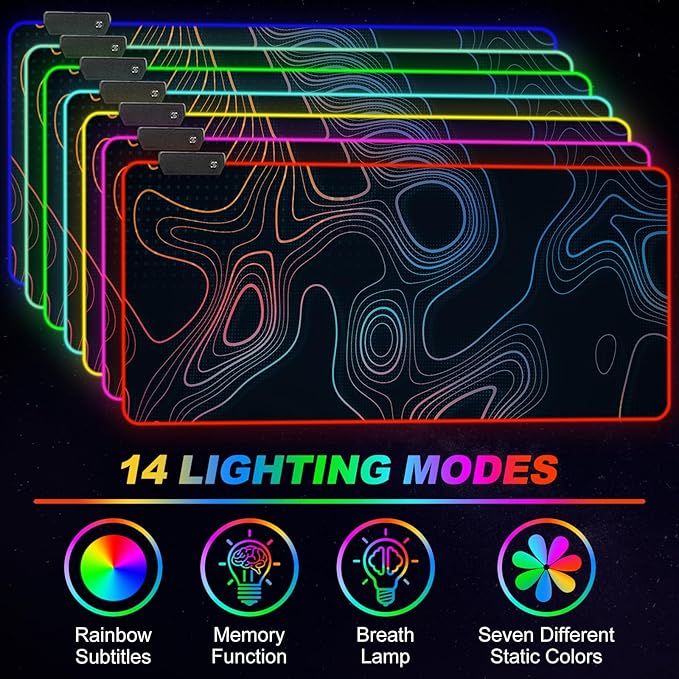 ARTSO RGB Gaming Mouse Pad, Large Extended Soft Led Mouse Pad with 14 Lighting Modes 2 Brightness, Water Resist Keyboard Pad, Computer Mousepads Mat 35.4x15.7inch, Colorful Abstract Lines