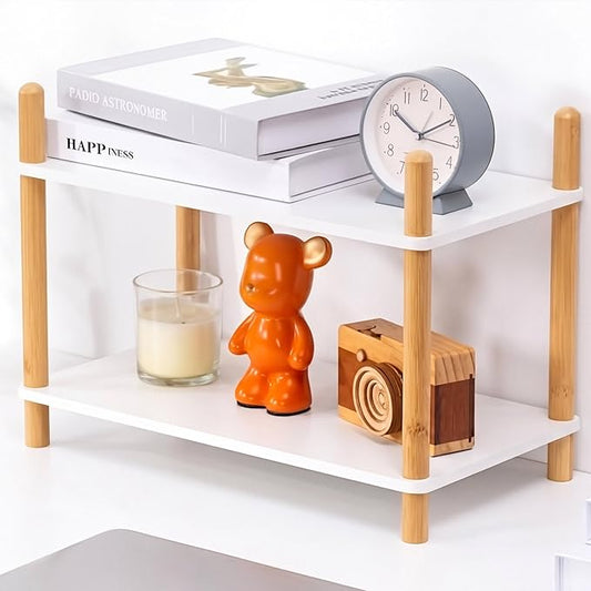 2-Tier Expandable Bamboo Desktop Organizer Shelf Kitchen Cabinet and Counter Riser Display Shelf for Top of Desk Home Office Bathroom Coffee Table Display Stand White