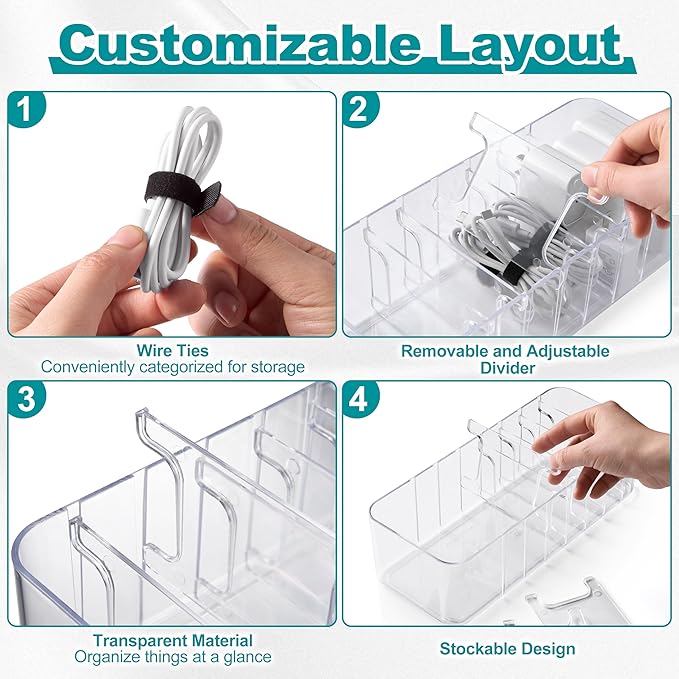 Cord Organizer Box 2 Pack – Clear Cable Organizer with Adjustable Dividers, Fits Up to 10ft Cables, Cord Storage Organizer for Chargers & Tech Accessories – Includes 16 Velcro Ties