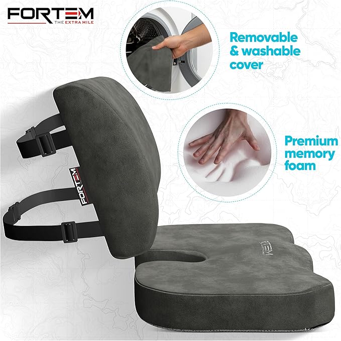 FORTEM Seat Cushion, Office Chair Cushion, Lumbar Support Pillow for Office Chair, Memory Foam Car Seat Cushions, Sciatica Coccyx Tailbone Pain Relief, Cushions for Back Support, Washable, Non Slip XL