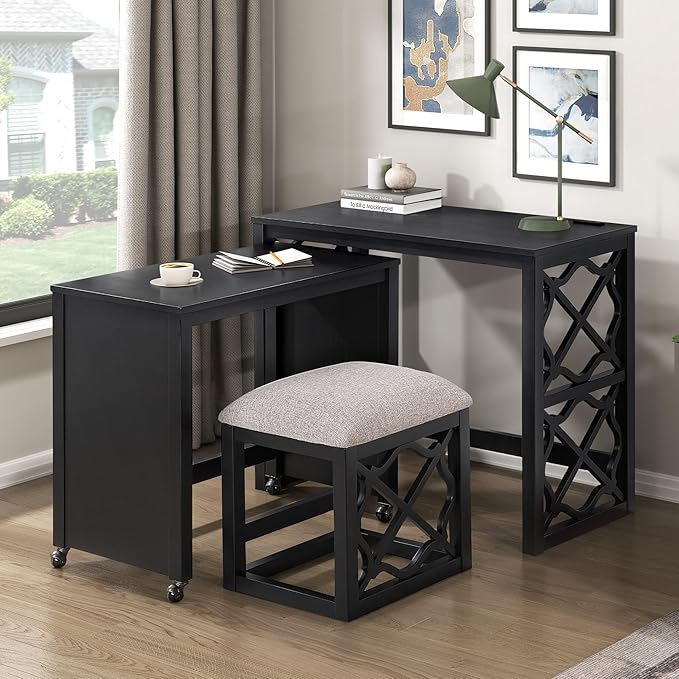 3-Piece Computer Gaming Desk Set with Rolling Desk and Stool, Home Office Corner Desks, Bedroom Craft Study Table, Adjustable Work Standing Desks for Home Office Furniture,Black