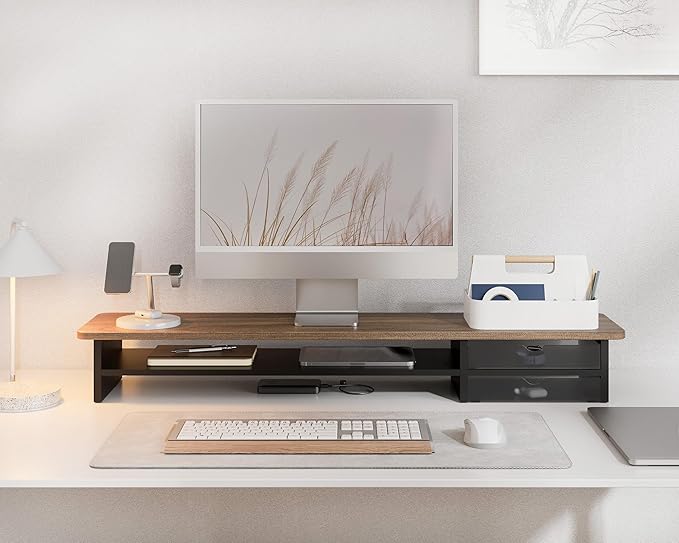 Fenge Monitor Stand, Dual Monitor Riser, 42.5inch Large Desk Computer Monitor Stand Riser with Drawer, 2 Tier Wood & Acrylic Desktop Organizer for Computer, Laptop, Printer, TV Screen Riser