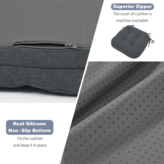 baibu Set of 2 Dining Chair Cushions, Dual-Layer Patent Design Memory Foam Kitchen Chair Cushions, Non-Slip Seat Pads with Ties, 16.5 x 16.5 x 3.5in, 2 Pack, Charcoal Grey