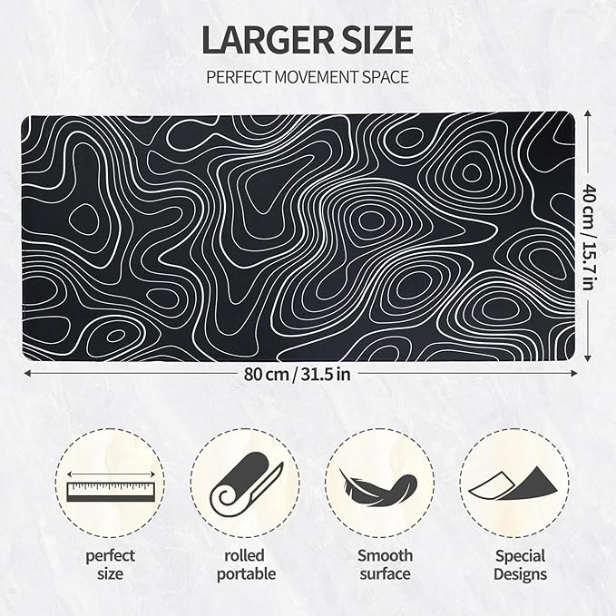 Bloss Large Gaming Mouse Pad Desk Mat, Mousepads with Anti-Slip Rubber Base, Extended Desk Pad, Mouse Mat-Black and White Topography (31.5 x 15.7 Inches, 2MM)