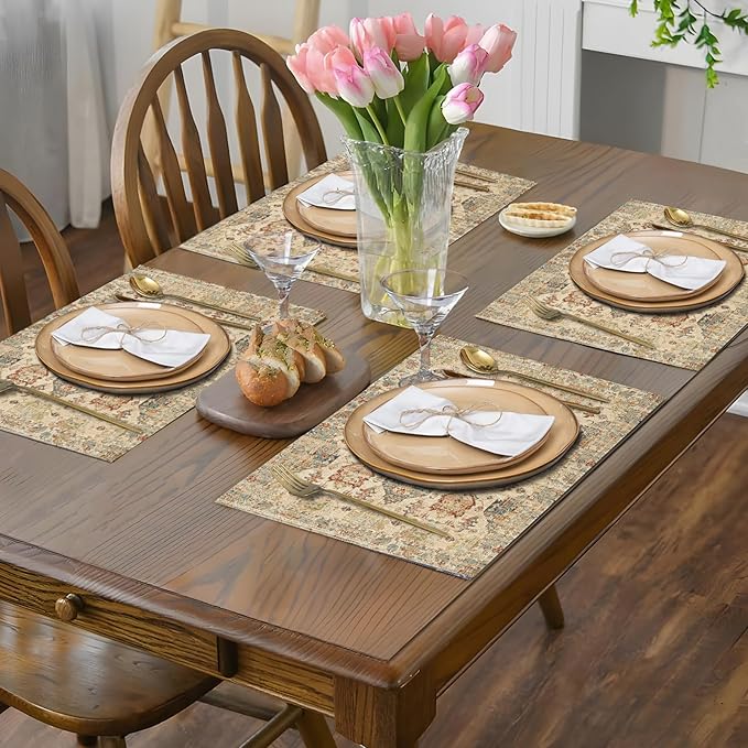 Boho Floral Beige Placemats Set of 4,Vintage Elegant Farmhouse Table Center Linen Decor,12x18 Inch Country Rustic Farmhouse Magical Fall Table Mats for Party Kitchen Dining Decoration