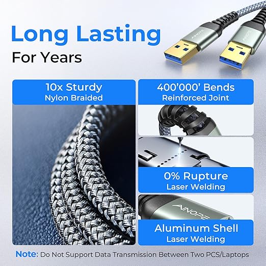 AINOPE USB to USB Cable, 6.6FT USB 3.0 A to A Male to Male Cable [Gold-Plated] Double End Type A Cord for Data Transfer, Compatible with Hard Drive Enclosures, KVM, DVD Player, TV, Laptop Cooler