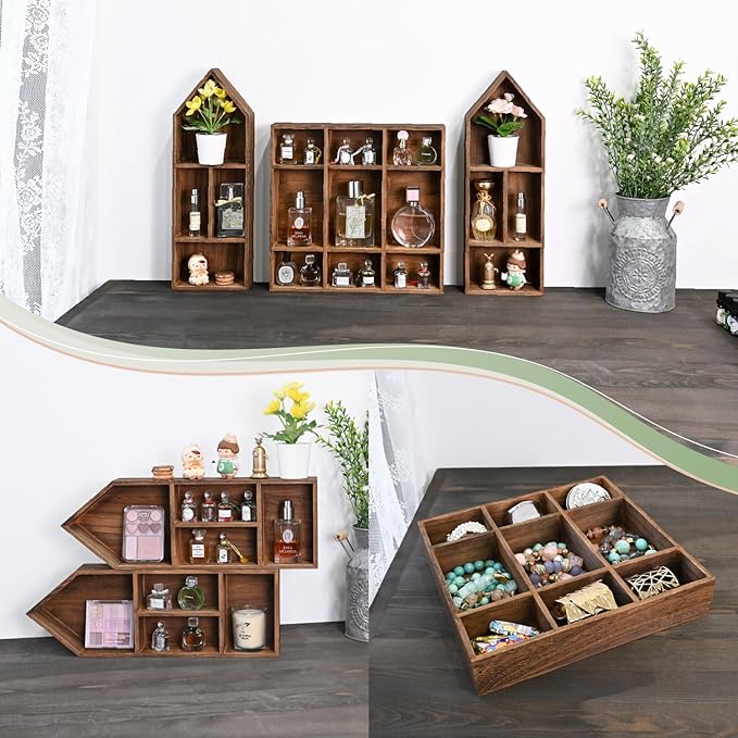 Ikee Design 3 Pcs Set Wooden Shadow Cubby Box Display Shelf Organizer Storage Shadow Box for Collectibles, Mini Figures, 17 compartments, Brown Color, 22.8W x 2.4D x 15.7H in